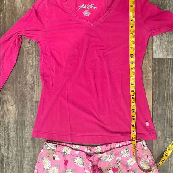 Nick & Nora Sock Monkey Daisy Heart Flannel Pajama Lounge Set Medium Pink - Picture 4 of 9
